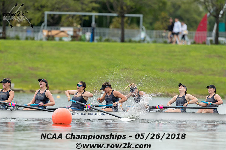 UCO Rowing team splashing water at finish line